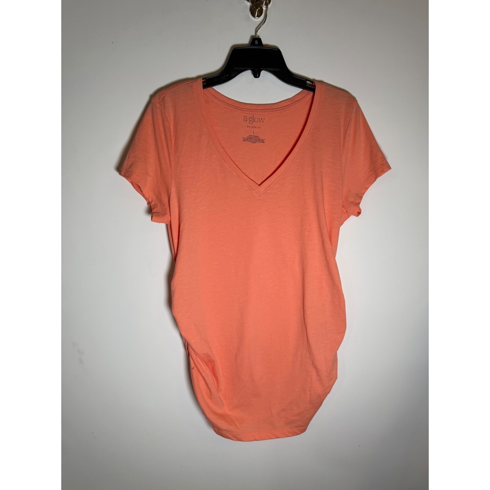 A-Glow Maternity V-Neck Ruched Side Short Sleeve Tee Orange Coral Large